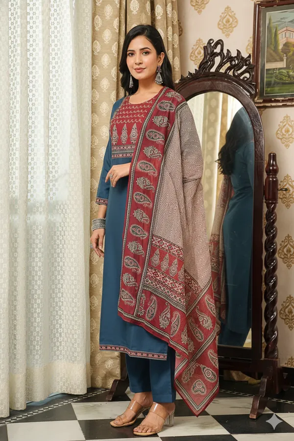 Blue_Cotton_Blend_Ajrakh_Printed_Straight_Kurta_Trousers_With_Dupatta