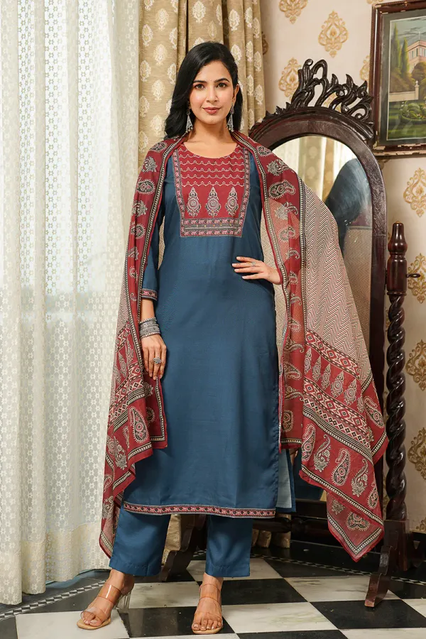 Blue_Cotton_Blend_Ajrakh_Printed_Straight_Kurta_Trousers_With_Dupatta