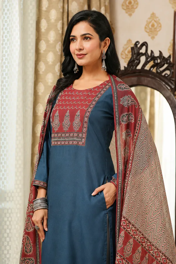Blue_Cotton_Blend_Ajrakh_Printed_Straight_Kurta_Trousers_With_Dupatta
