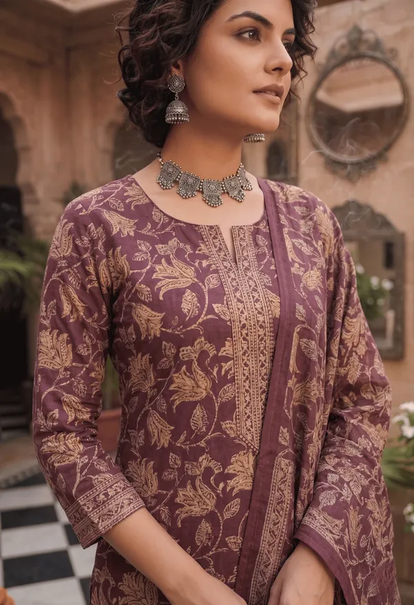 Brown_Cotton_Blend_Floral_Printed_Straight_Kurta_Trousers_With_Dupatta