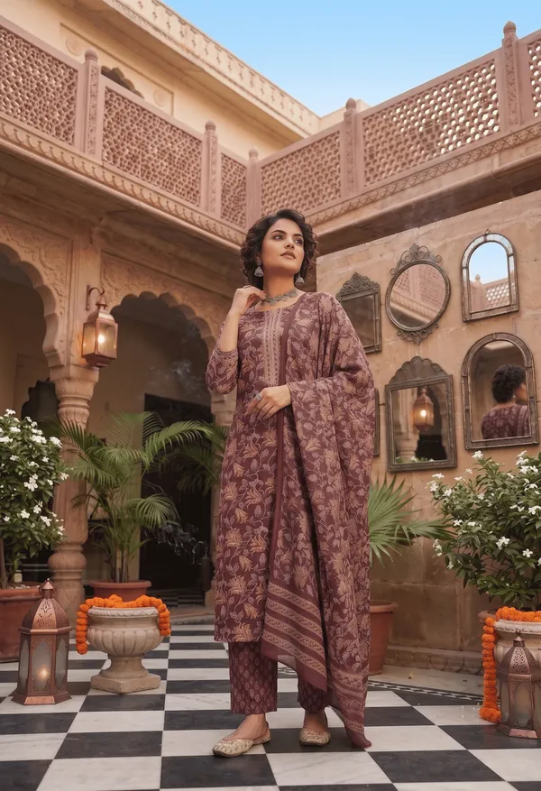 Brown_Cotton_Blend_Floral_Printed_Straight_Kurta_Trousers_With_Dupatta