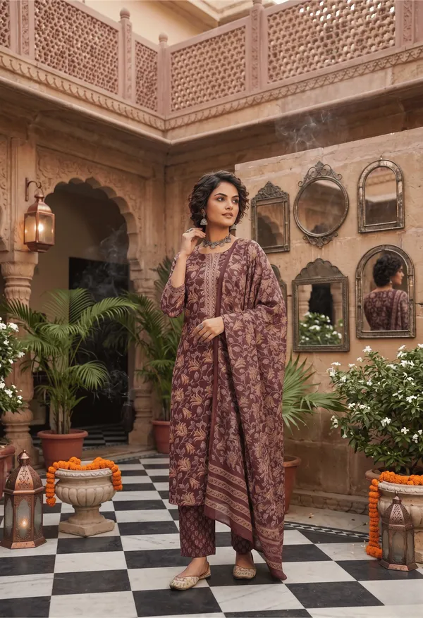 Brown_Cotton_Blend_Floral_Printed_Straight_Kurta_Trousers_With_Dupatta
