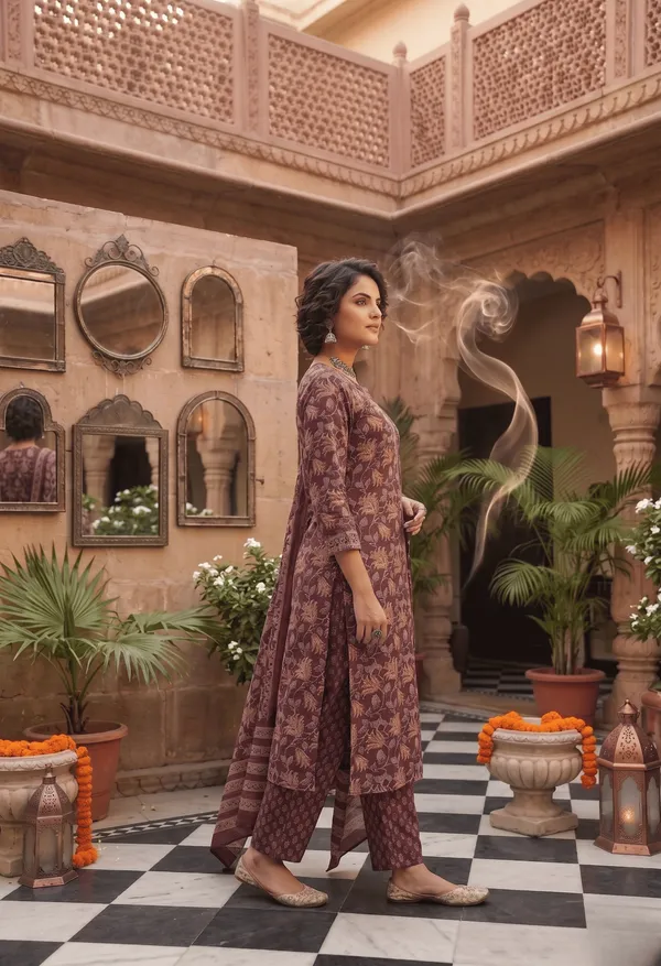 Brown_Cotton_Blend_Floral_Printed_Straight_Kurta_Trousers_With_Dupatta