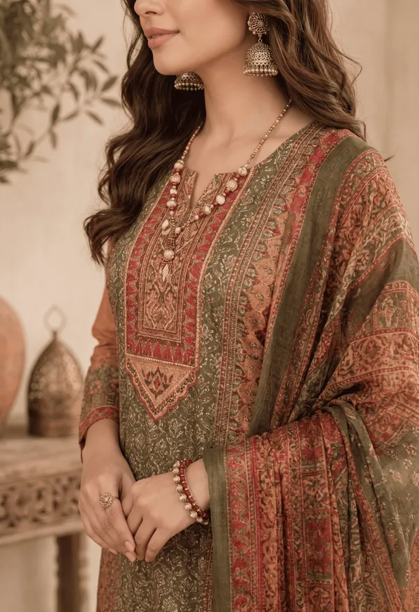 Olive_Rayon_Blend_Ethnic_Motifs_Printed_Straight_Kurta_Trouser_With_Dupatta