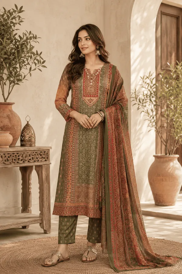 Olive_Rayon_Blend_Ethnic_Motifs_Printed_Straight_Kurta_Trouser_With_Dupatta