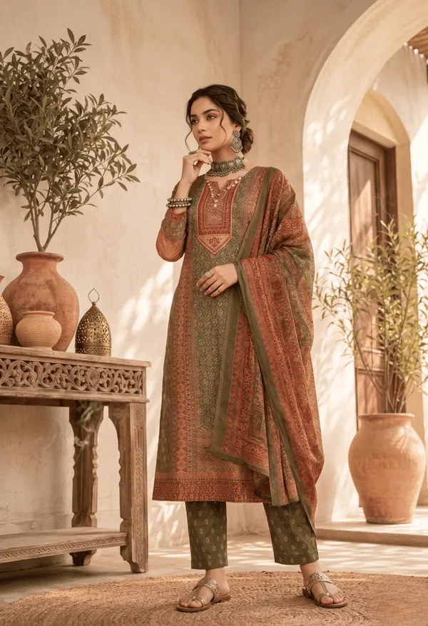 Olive_Rayon_Blend_Ethnic_Motifs_Printed_Straight_Kurta_Trouser_With_Dupatta