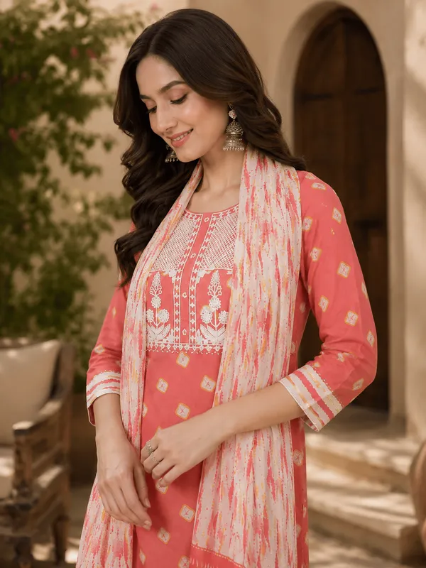Orange_Rayon_Blend_Bandhani_Embroidered_Straight_Trouser_Bottom_Suit_Set