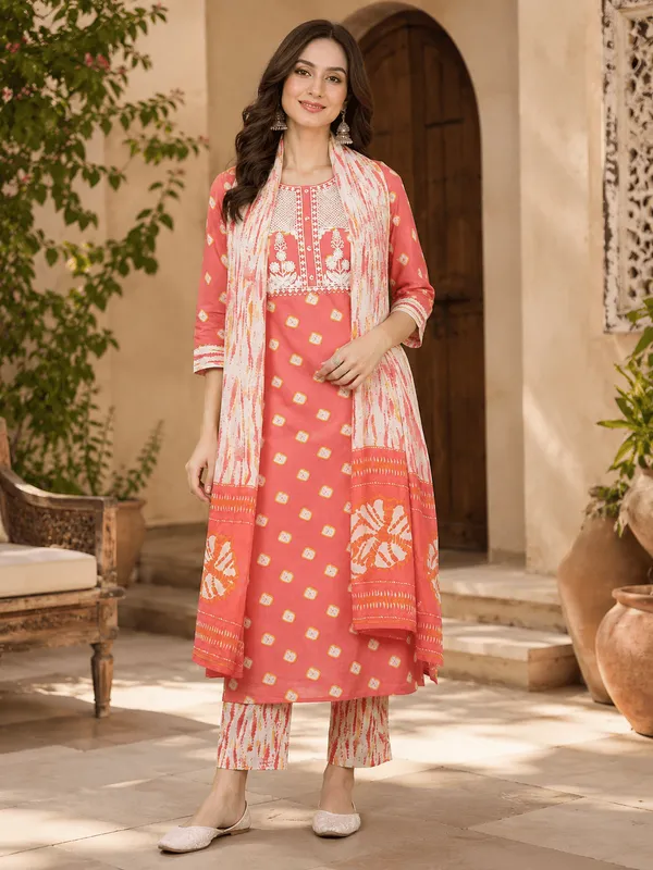 Orange_Rayon_Blend_Bandhani_Embroidered_Straight_Trouser_Bottom_Suit_Set