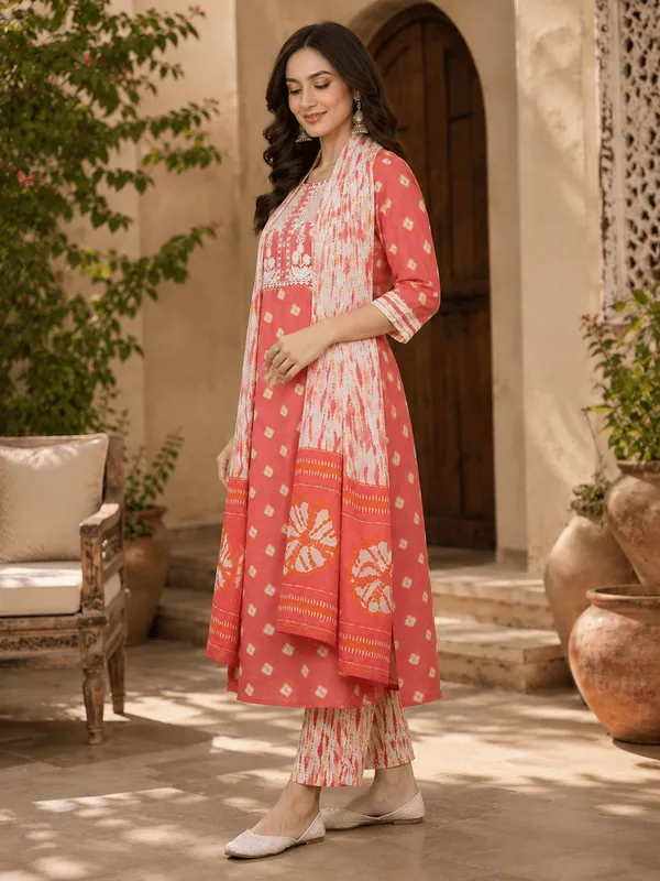Orange_Rayon_Blend_Bandhani_Embroidered_Straight_Trouser_Bottom_Suit_Set