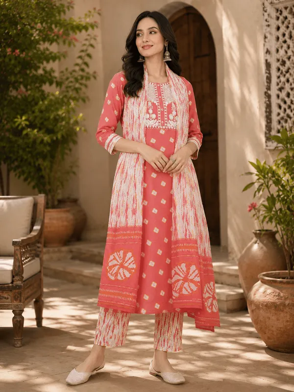 Orange_Rayon_Blend_Bandhani_Embroidered_Straight_Trouser_Bottom_Suit_Set
