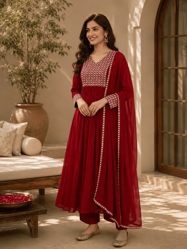 Red_Poly_Georgette_Yoke_Design_Suit_Set