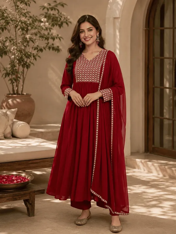 Red_Poly_Georgette_Yoke_Design_Suit_Set