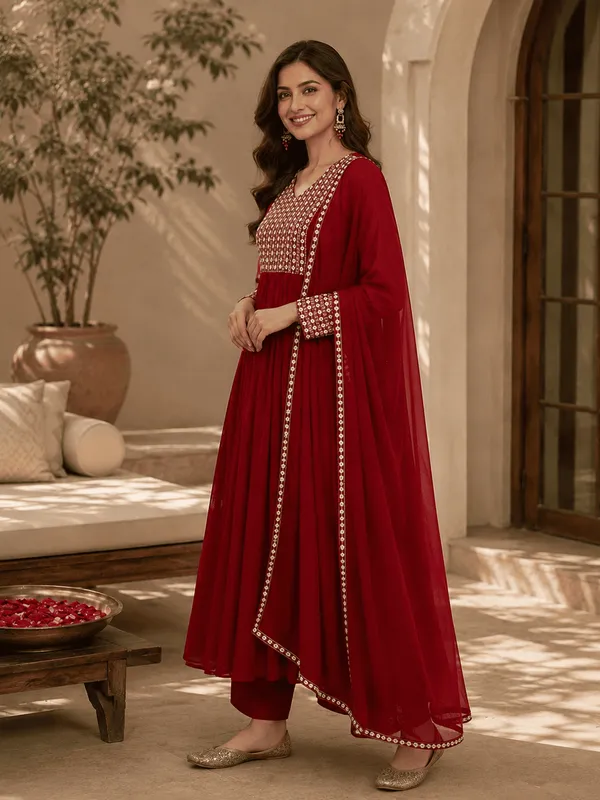 Red_Poly_Georgette_Yoke_Design_Suit_Set