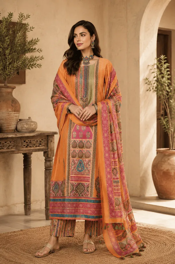 Yellow_Rayon_Blend_Ethnic_Motifs_Printed_Straight_Kurta_Trouser_With_Dupatta