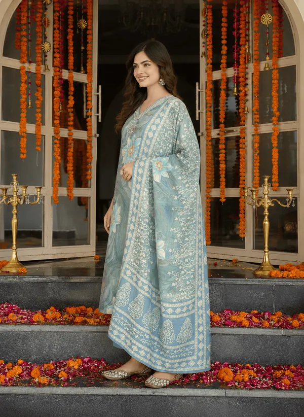 Blue_Viscose_Rayon_Floral_Printed_Straight_Kurta_Trousers_With_Dupatta