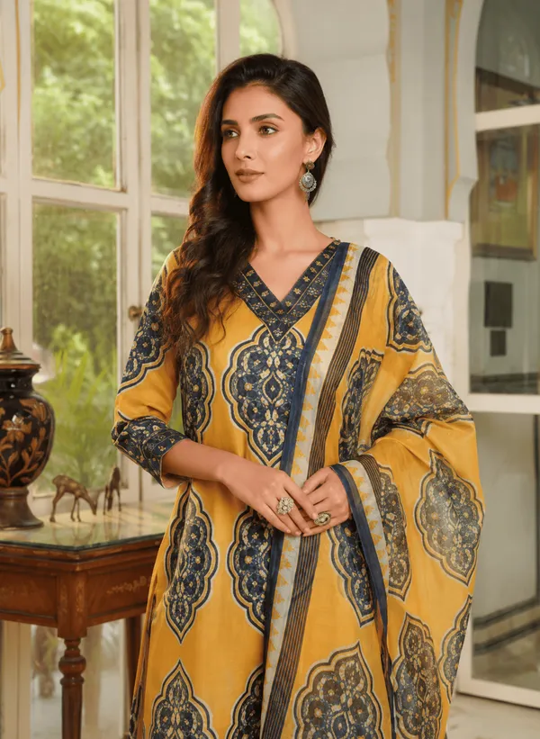 Yellow_Rayon_Blend_Ethnic_Motifs_Printed_Straight_Kurta_Trousers_With_Dupatta