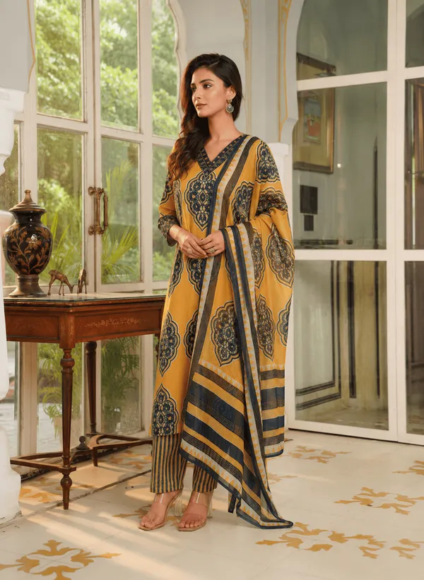 Yellow_Rayon_Blend_Ethnic_Motifs_Printed_Straight_Kurta_Trousers_With_Dupatta