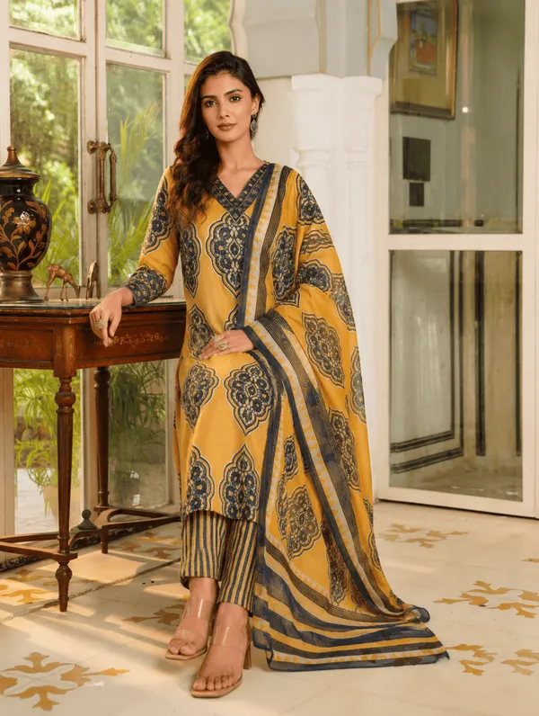 Yellow_Rayon_Blend_Ethnic_Motifs_Printed_Straight_Kurta_Trousers_With_Dupatta