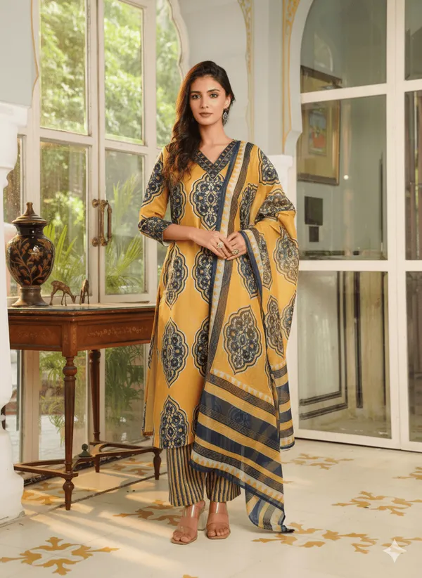 Yellow_Rayon_Blend_Ethnic_Motifs_Printed_Straight_Kurta_Trousers_With_Dupatta