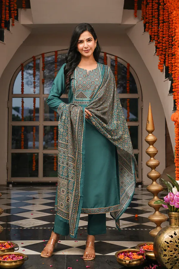 Teal_Cotton_Blend_Ajrakh_Printed_Straight_Kurta_Trousers_With_Dupatta