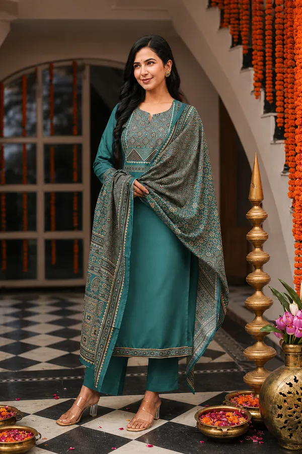 Teal_Cotton_Blend_Ajrakh_Printed_Straight_Kurta_Trousers_With_Dupatta