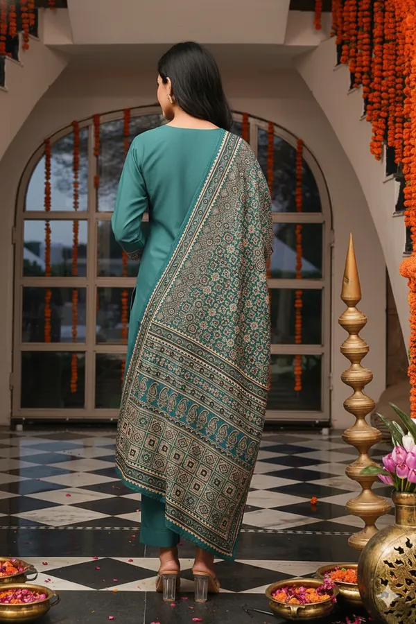 Teal_Cotton_Blend_Ajrakh_Printed_Straight_Kurta_Trousers_With_Dupatta