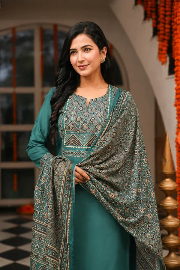Teal_Cotton_Blend_Ajrakh_Printed_Straight_Kurta_Trousers_With_Dupatta