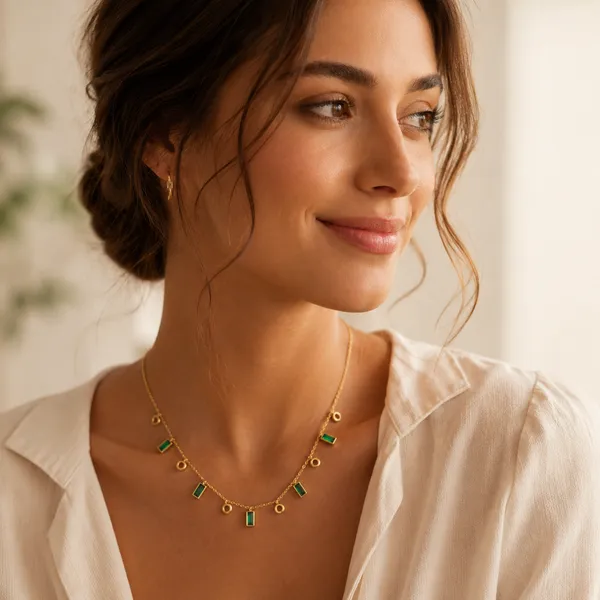 Golden_Chain_Necklace_With_Green_Stone_And_Circle_Charm_Danglers