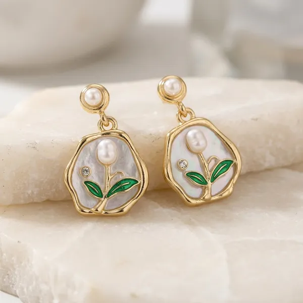 Elegant_Pearl_Flower_Earrings_With_Green_Enamel_Leaves