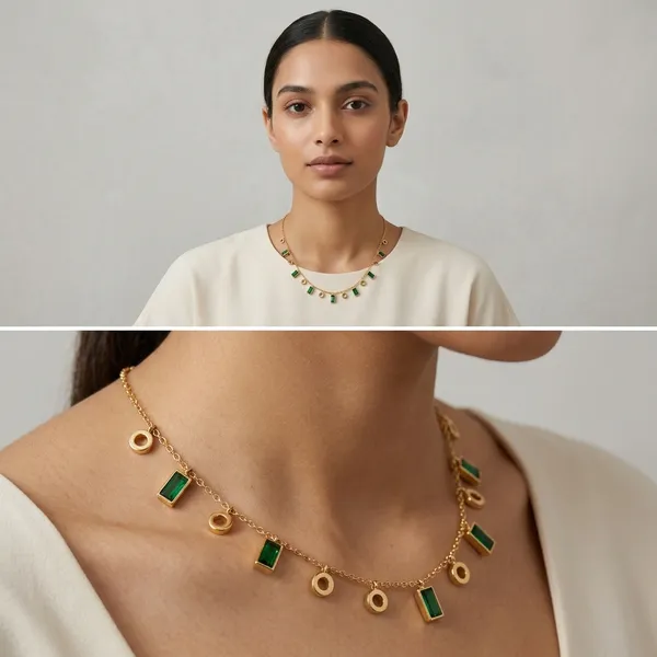 Golden_Chain_Necklace_With_Green_Stone_And_Circle_Charm_Danglers