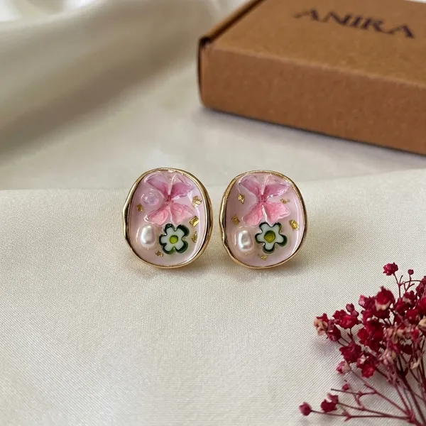 Pink_Floral_Oval_Stud_Earrings_With_Gold_Tone_Finish