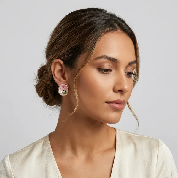 Pink_Floral_Oval_Stud_Earrings_With_Gold_Tone_Finish