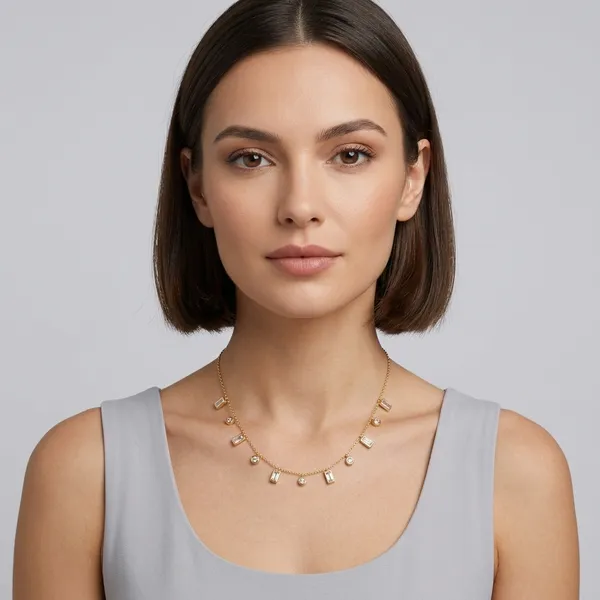 Gold_Tone_Delicate_Chain_Necklace_With_Crystal_And_Baguette_Charms