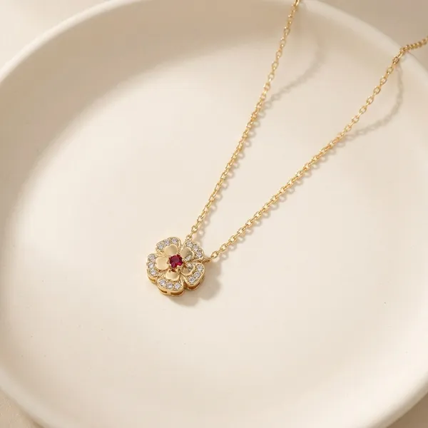 Sparkling_Flower_Pendant_Necklace_With_Red_Crystal_Center