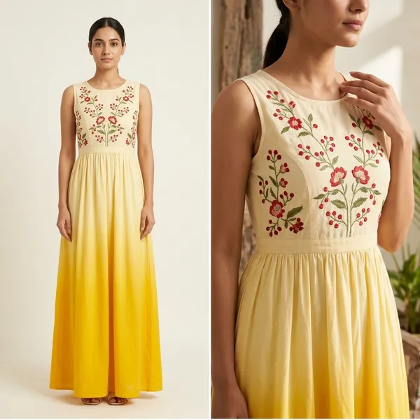 Yellow_Elegant_Design_Cotton_Gown_For_Women