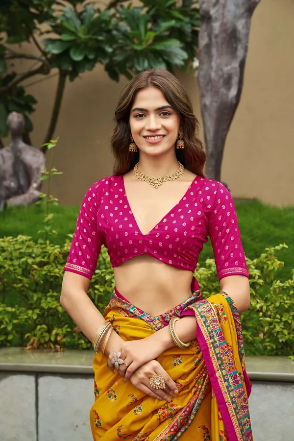 Yellow_Velvet_Tussar_Silk_Saree_With_Magenta_Blouse_For_Women