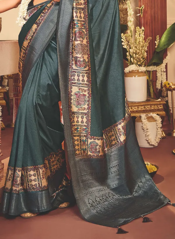 Teal_Green_Pure_Tussar_Silk_Embroidered_Border_Saree_For_Women
