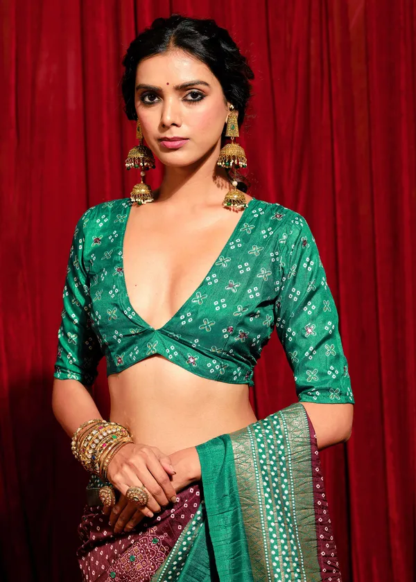 Purple_Green_Velvet_Tussar_Silk_Bandhani_Mirror_Work_Saree_For_Women
