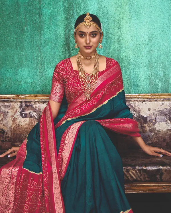 Teal_Blue_And_Pink_Velvet_Tussar_Silk_Zari_Work_Saree_For_Women