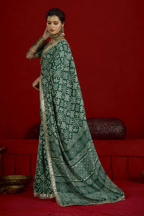 Green_Gold_Velvet_Tussar_Silk_Bandhani_Gotta_Patti_Saree_For_Women