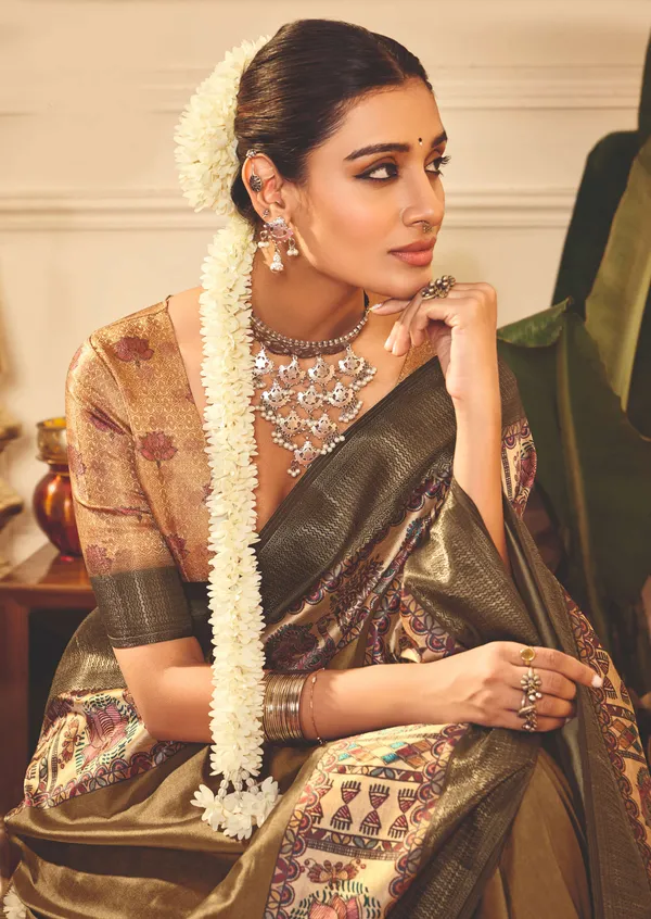 Olive_Green_Tussar_Silk_Woven_Saree_For_Women