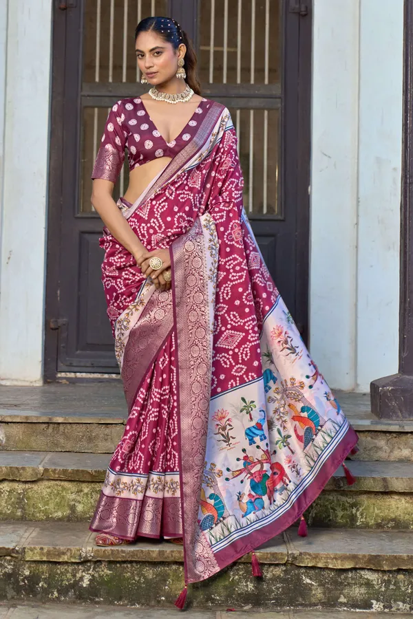 Maroon_Russian_Silk_Bandhani_Paithani_Border_Saree_For_Women