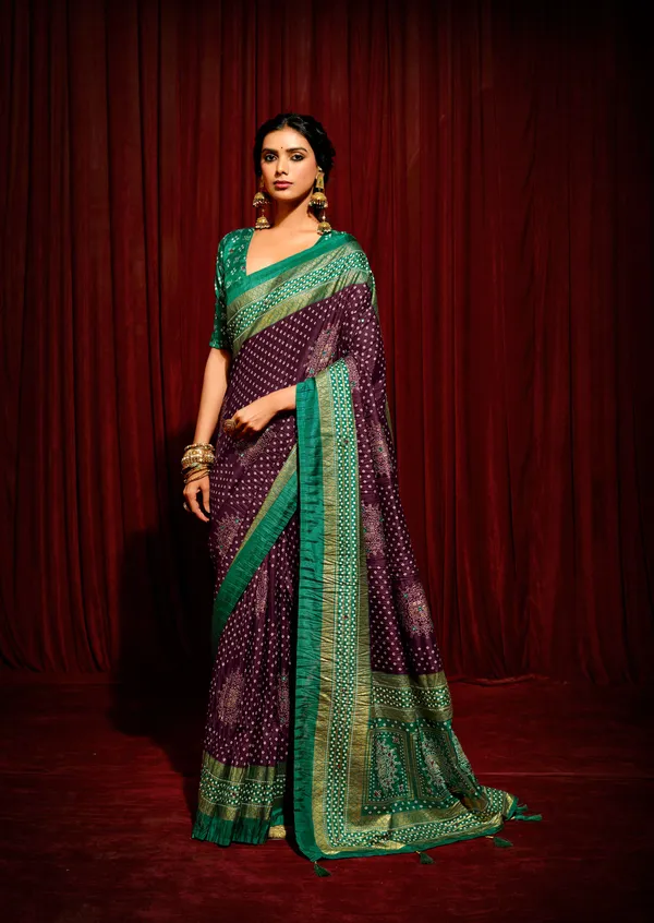 Purple_Green_Velvet_Tussar_Silk_Bandhani_Mirror_Work_Saree_For_Women