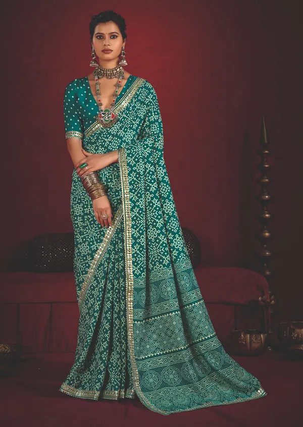 Green_Velvet_Tussar_Silk_Bandhani_Print_Gotta_Patti_Saree_For_Women