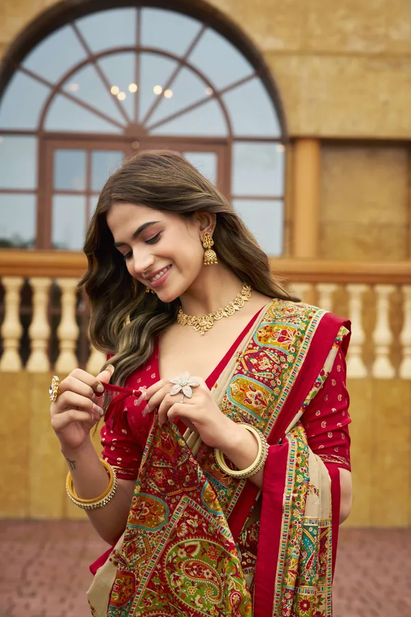 Beige_Velvet_Tussar_Silk_Embroidered_Saree_With_Red_Blouse_For_Women