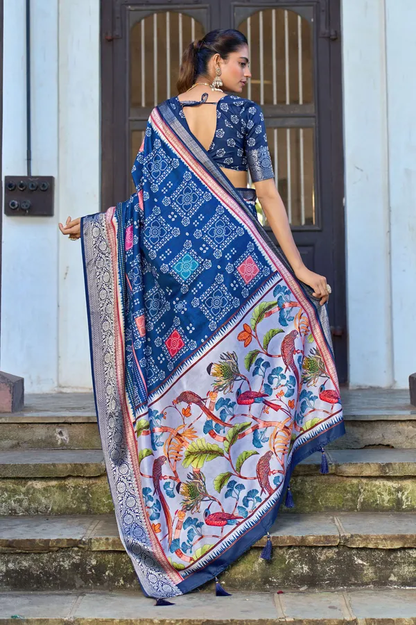 Blue_Russian_Silk_Bandhani_Silver_Zari_Border_Saree_For_Women