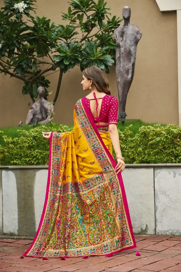 Yellow_Velvet_Tussar_Silk_Saree_With_Magenta_Blouse_For_Women