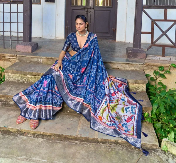 Blue_Russian_Silk_Bandhani_Silver_Zari_Border_Saree_For_Women