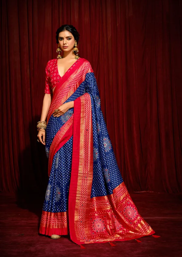 Blue_Red_Velvet_Tussar_Silk_Bandhani_Golden_Border_Saree_For_Women