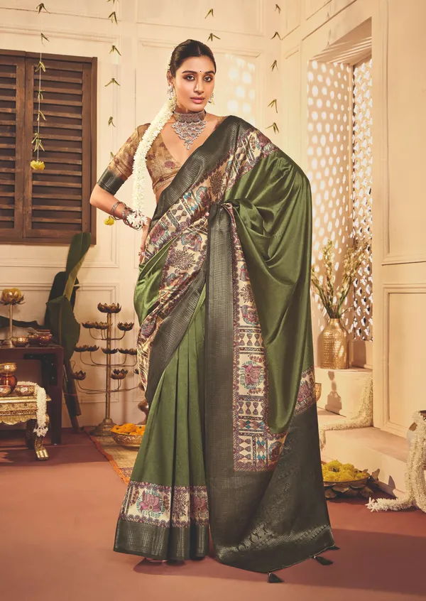 Olive_Green_Pure_Tussar_Silk_Zari_Work_Saree_For_Women